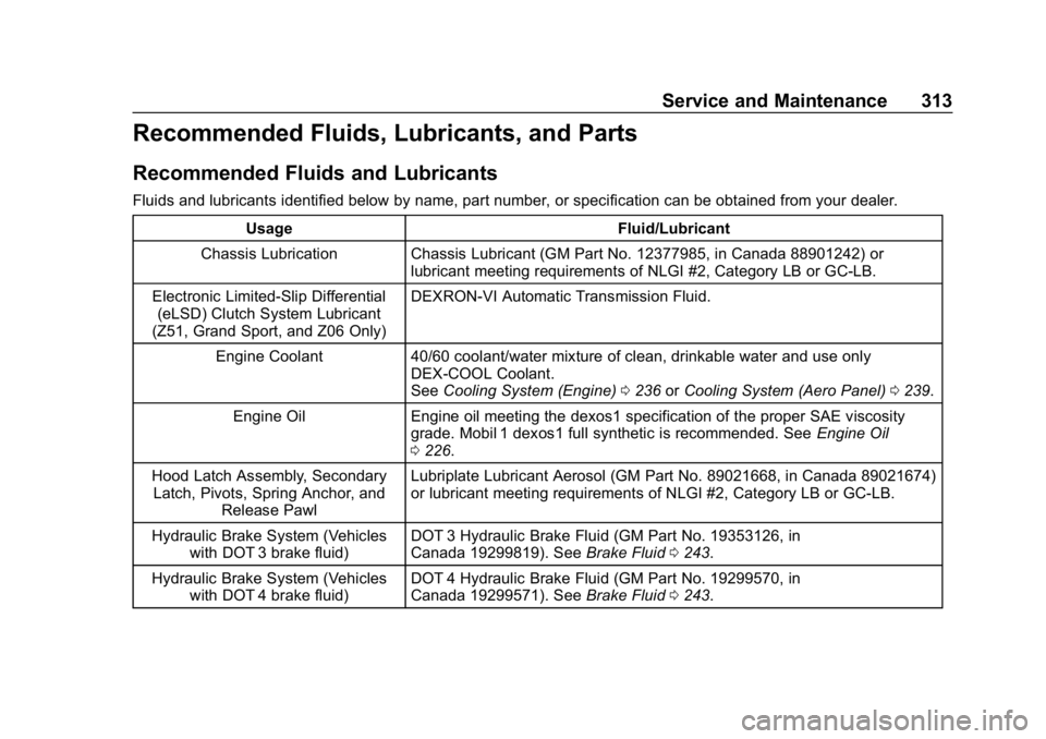 CHEVROLET CORVETTE 2018  Owners Manual Chevrolet Corvette Owner Manual (GMNA-Localizing-U.S./Canada/Mexico-
11374030) - 2018 - CRC - 11/8/17
Service and Maintenance 313
Recommended Fluids, Lubricants, and Parts
Recommended Fluids and Lubri