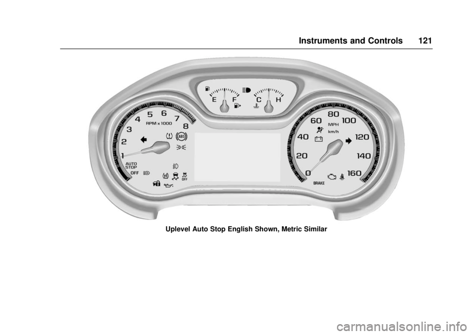 CHEVROLET CRUZE 2018 Owners Manual Chevrolet Cruze Owner Manual (GMNA-Localizing-U.S./Canada/Mexico-
11348462) - 2018 - crc - 5/15/17
Instruments and Controls 121
Uplevel Auto Stop English Shown, Metric Similar CHEVROLET CRUZE 2018 Owners Manual Chevrolet Cruze Owner Manual (GMNA-Localizing-U.S./Canada/Mexico-
11348462) - 2018 - crc - 5/15/17
Instruments and Controls 121
Uplevel Auto Stop English Shown, Metric Similar