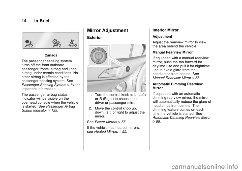 CHEVROLET CRUZE 2018 User Guide Chevrolet Cruze Owner Manual (GMNA-Localizing-U.S./Canada/Mexico-
11348462) - 2018 - crc - 5/15/17
14 In Brief
Canada
The passenger sensing system
turns off the front outboard
passenger frontal airbag
