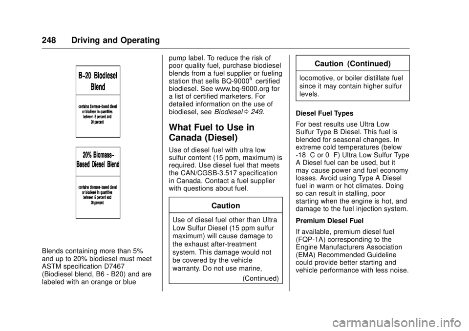 CHEVROLET CRUZE 2018 Owners Manual Chevrolet Cruze Owner Manual (GMNA-Localizing-U.S./Canada/Mexico-
11348462) - 2018 - crc - 5/15/17
248 Driving and Operating
Blends containing more than 5%
and up to 20% biodiesel must meet
ASTM speci CHEVROLET CRUZE 2018 Owners Manual Chevrolet Cruze Owner Manual (GMNA-Localizing-U.S./Canada/Mexico-
11348462) - 2018 - crc - 5/15/17
248 Driving and Operating
Blends containing more than 5%
and up to 20% biodiesel must meet
ASTM speci