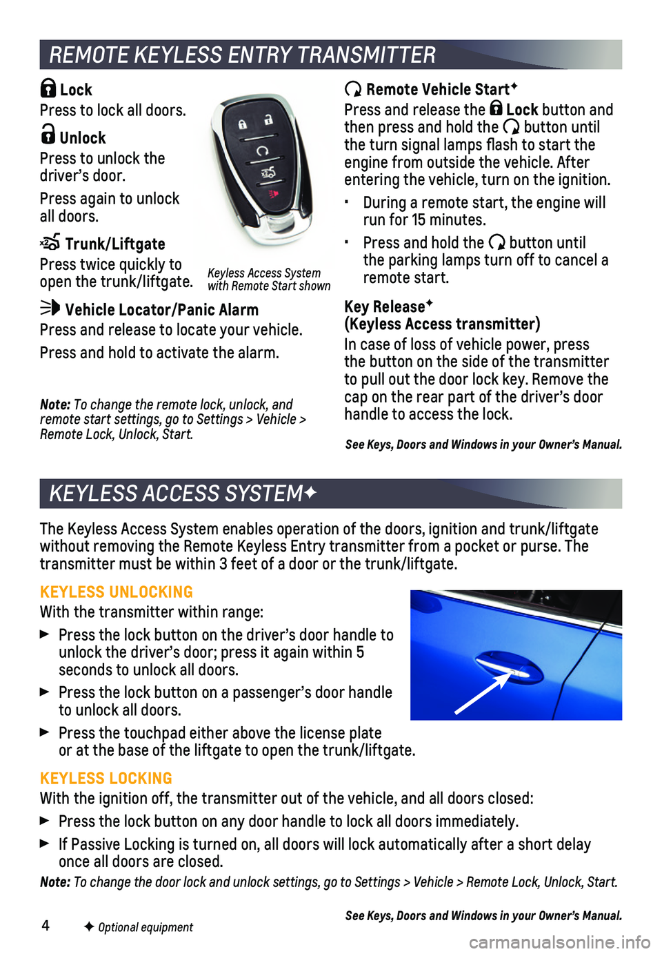 CHEVROLET CRUZE 2018 Get To Know Guide 4F Optional equipment
Lock
Press to lock all doors.
Unlock
Press to unlock the driver’s door.
Press again to unlock all doors.
Trunk/Liftgate
Press twice quickly to open the trunk/liftgate.
CHEVROLET CRUZE 2018 Get To Know Guide 4F Optional equipment
Lock
Press to lock all doors.
Unlock
Press to unlock the driver’s door.
Press again to unlock all doors.
Trunk/Liftgate
Press twice quickly to open the trunk/liftgate.