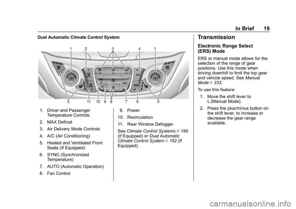 CHEVROLET EQUINOX 2018  Owners Manual Chevrolet Equinox Owner Manual (GMNA-Localizing-U.S./Canada/Mexico-
10446639) - 2018 - CRC - 8/18/17
In Brief 19
Dual Automatic Climate Control System
1. Driver and PassengerTemperature Controls
2. MA