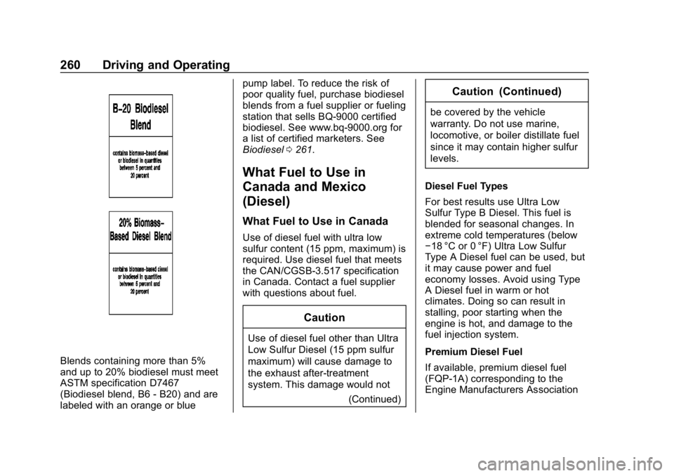 CHEVROLET EQUINOX 2018  Owners Manual Chevrolet Equinox Owner Manual (GMNA-Localizing-U.S./Canada/Mexico-
10446639) - 2018 - CRC - 8/18/17
260 Driving and Operating
Blends containing more than 5%
and up to 20% biodiesel must meet
ASTM spe