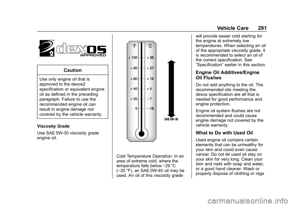 CHEVROLET EQUINOX 2018  Owners Manual Chevrolet Equinox Owner Manual (GMNA-Localizing-U.S./Canada/Mexico-
10446639) - 2018 - CRC - 8/18/17
Vehicle Care 291
Caution
Use only engine oil that is
approved to the dexos2
specification or equiva