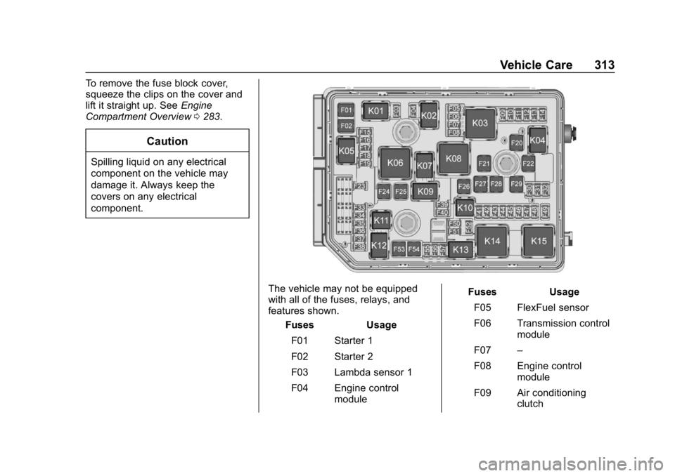 CHEVROLET EQUINOX 2018 Owners Manual Chevrolet Equinox Owner Manual (GMNA-Localizing-U.S./Canada/Mexico-
10446639) - 2018 - CRC - 8/18/17
Vehicle Care 313
To remove the fuse block cover,
squeeze the clips on the cover and
lift it straigh CHEVROLET EQUINOX 2018 Owners Manual Chevrolet Equinox Owner Manual (GMNA-Localizing-U.S./Canada/Mexico-
10446639) - 2018 - CRC - 8/18/17
Vehicle Care 313
To remove the fuse block cover,
squeeze the clips on the cover and
lift it straigh