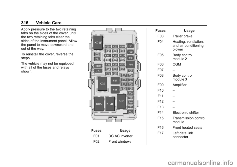CHEVROLET EQUINOX 2018 Owners Manual Chevrolet Equinox Owner Manual (GMNA-Localizing-U.S./Canada/Mexico-
10446639) - 2018 - CRC - 8/18/17
316 Vehicle Care
Apply pressure to the two retaining
tabs on the sides of the cover, until
the two CHEVROLET EQUINOX 2018 Owners Manual Chevrolet Equinox Owner Manual (GMNA-Localizing-U.S./Canada/Mexico-
10446639) - 2018 - CRC - 8/18/17
316 Vehicle Care
Apply pressure to the two retaining
tabs on the sides of the cover, until
the two