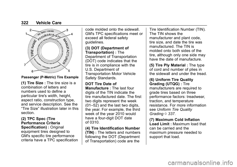 CHEVROLET EQUINOX 2018 Owners Manual Chevrolet Equinox Owner Manual (GMNA-Localizing-U.S./Canada/Mexico-
10446639) - 2018 - CRC - 8/18/17
322 Vehicle Care
Passenger (P-Metric) Tire Example
(1) Tire Size:The tire size is a
combination of CHEVROLET EQUINOX 2018 Owners Manual Chevrolet Equinox Owner Manual (GMNA-Localizing-U.S./Canada/Mexico-
10446639) - 2018 - CRC - 8/18/17
322 Vehicle Care
Passenger (P-Metric) Tire Example
(1) Tire Size:The tire size is a
combination of
