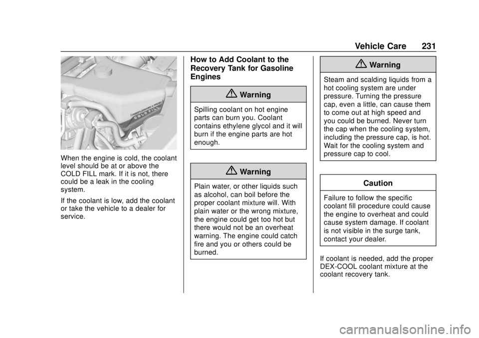 CHEVROLET EXPRESS 2018 Owners Manual Chevrolet Express Owner Manual (GMNA-Localizing-U.S./Canada/Mexico-
11374212) - 2018 - crc - 2/2/18
Vehicle Care 231
When the engine is cold, the coolant
level should be at or above the
COLD FILL mark CHEVROLET EXPRESS 2018 Owners Manual Chevrolet Express Owner Manual (GMNA-Localizing-U.S./Canada/Mexico-
11374212) - 2018 - crc - 2/2/18
Vehicle Care 231
When the engine is cold, the coolant
level should be at or above the
COLD FILL mark