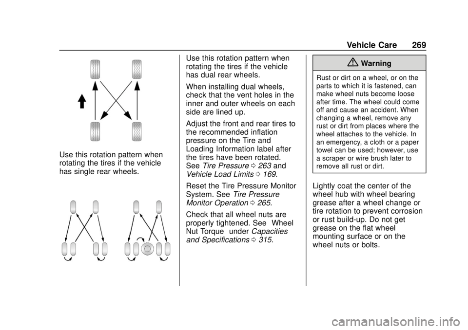 CHEVROLET EXPRESS 2018 Owners Manual Chevrolet Express Owner Manual (GMNA-Localizing-U.S./Canada/Mexico-
11374212) - 2018 - crc - 2/2/18
Vehicle Care 269
Use this rotation pattern when
rotating the tires if the vehicle
has single rear wh CHEVROLET EXPRESS 2018 Owners Manual Chevrolet Express Owner Manual (GMNA-Localizing-U.S./Canada/Mexico-
11374212) - 2018 - crc - 2/2/18
Vehicle Care 269
Use this rotation pattern when
rotating the tires if the vehicle
has single rear wh