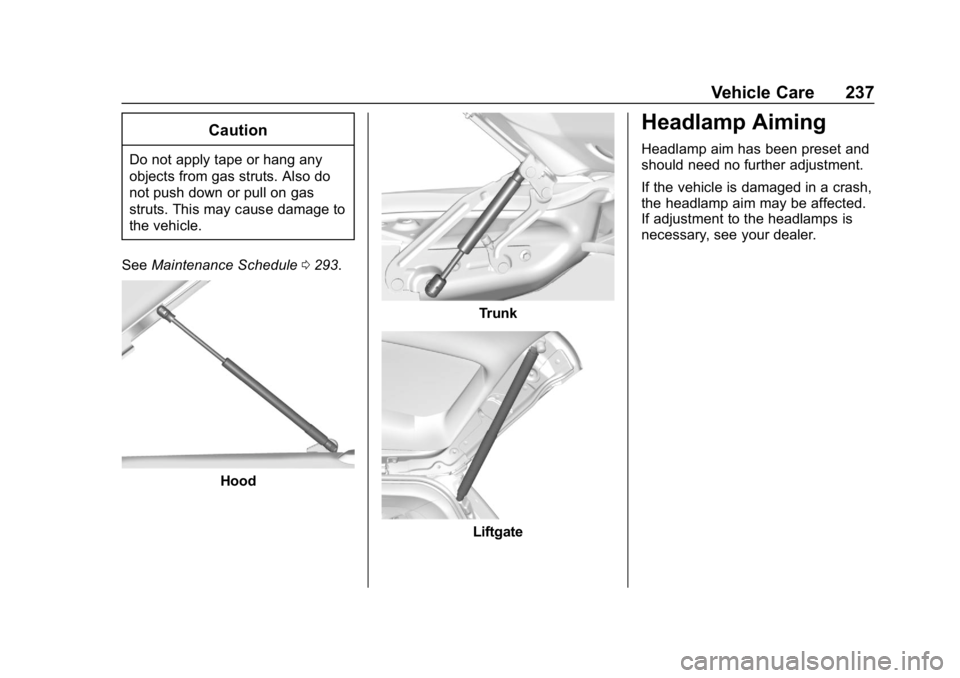 CHEVROLET IMPALA 2018 Owners Manual Chevrolet Impala Owner Manual (GMNA-Localizing-U.S./Canada-11348316) -
2018 - CRC - 8/22/17
Vehicle Care 237
Caution
Do not apply tape or hang any
objects from gas struts. Also do
not push down or pul CHEVROLET IMPALA 2018 Owners Manual Chevrolet Impala Owner Manual (GMNA-Localizing-U.S./Canada-11348316) -
2018 - CRC - 8/22/17
Vehicle Care 237
Caution
Do not apply tape or hang any
objects from gas struts. Also do
not push down or pul