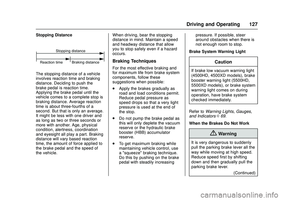 CHEVROLET LOW CAB FORWARD 2018 Owners Guide Chevrolet Low Cab Forward Owner Manual (GMNA-Localizing-U.S.-
11254764) - 2018 - crc - 12/5/16
Driving and Operating 127
Stopping Distance
The stopping distance of a vehicle
involves reaction time and CHEVROLET LOW CAB FORWARD 2018 Owners Guide Chevrolet Low Cab Forward Owner Manual (GMNA-Localizing-U.S.-
11254764) - 2018 - crc - 12/5/16
Driving and Operating 127
Stopping Distance
The stopping distance of a vehicle
involves reaction time and