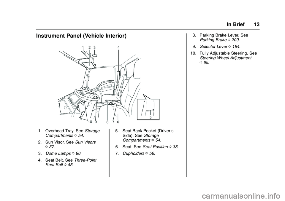 CHEVROLET LOW CAB FORWARD 2018  Owners Manual Chevrolet Low Cab Forward Owner Manual (GMNA-Localizing-U.S.-
11254764) - 2018 - crc - 12/5/16
In Brief 13
Instrument Panel (Vehicle Interior)
1. Overhead Tray. SeeStorage
Compartments 054.
2. Sun Vis