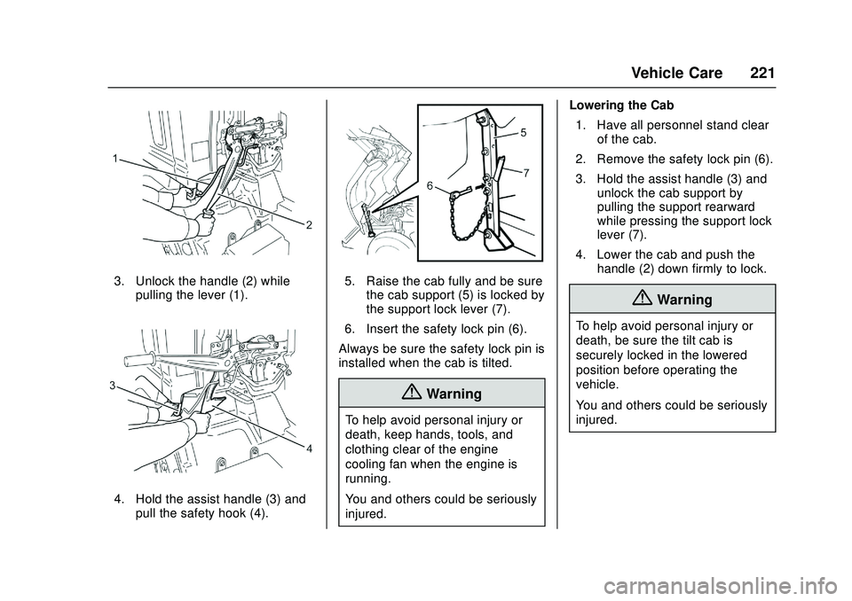 CHEVROLET LOW CAB FORWARD 2018  Owners Manual Chevrolet Low Cab Forward Owner Manual (GMNA-Localizing-U.S.-
11254764) - 2018 - crc - 12/5/16
Vehicle Care 221
3. Unlock the handle (2) whilepulling the lever (1).
4. Hold the assist handle (3) andpu