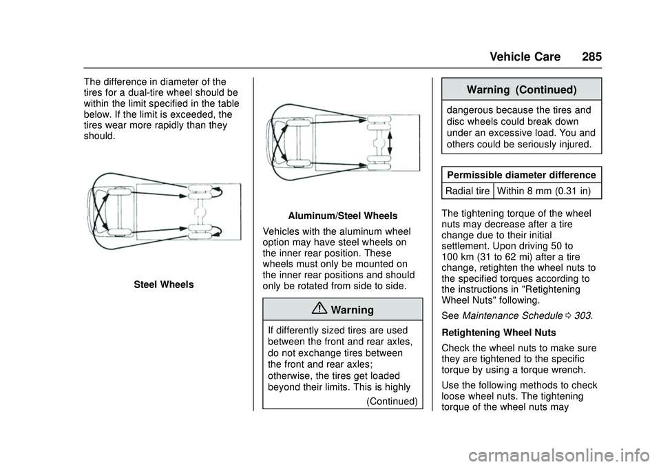 CHEVROLET LOW CAB FORWARD 2018 Owners Manual Chevrolet Low Cab Forward Owner Manual (GMNA-Localizing-U.S.-
11254764) - 2018 - crc - 12/5/16
Vehicle Care 285
The difference in diameter of the
tires for a dual-tire wheel should be
within the limit CHEVROLET LOW CAB FORWARD 2018 Owners Manual Chevrolet Low Cab Forward Owner Manual (GMNA-Localizing-U.S.-
11254764) - 2018 - crc - 12/5/16
Vehicle Care 285
The difference in diameter of the
tires for a dual-tire wheel should be
within the limit