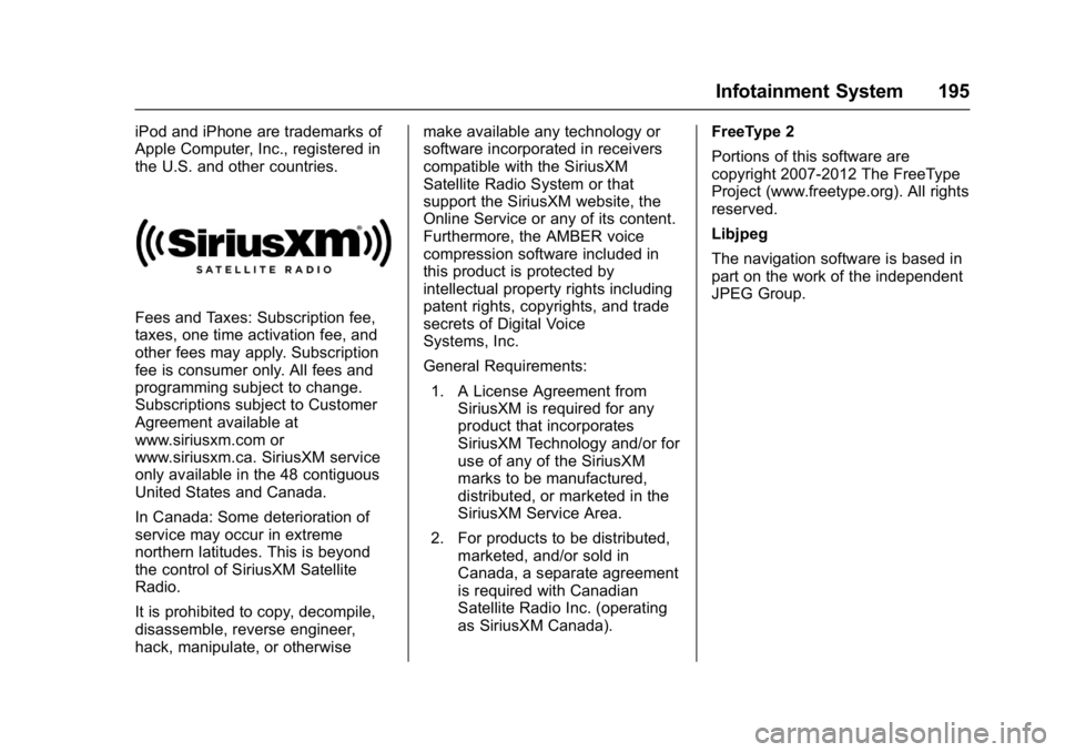 CHEVROLET MALIBU 2018 Owners Manual Chevrolet Malibu Owner Manual (GMNA-Localizing-U.S./Canada/Mexico-
11348460) - 2018 - crc - 5/3/17
Infotainment System 195
iPod and iPhone are trademarks of
Apple Computer, Inc., registered in
the U.S CHEVROLET MALIBU 2018 Owners Manual Chevrolet Malibu Owner Manual (GMNA-Localizing-U.S./Canada/Mexico-
11348460) - 2018 - crc - 5/3/17
Infotainment System 195
iPod and iPhone are trademarks of
Apple Computer, Inc., registered in
the U.S