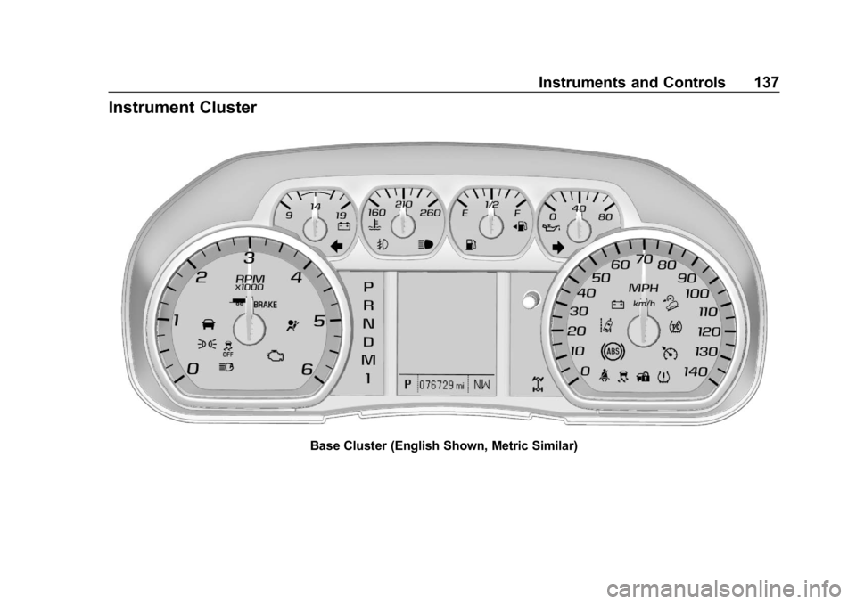 CHEVROLET SILVERADO 2018 Owners Manual Chevrolet Silverado Owner Manual (GMNA-Localizing-U.S./Canada/Mexico-
11349200) - 2018 - CRC - 2/27/18
Instruments and Controls 137
Instrument Cluster
Base Cluster (English Shown, Metric Similar) CHEVROLET SILVERADO 2018 Owners Manual Chevrolet Silverado Owner Manual (GMNA-Localizing-U.S./Canada/Mexico-
11349200) - 2018 - CRC - 2/27/18
Instruments and Controls 137
Instrument Cluster
Base Cluster (English Shown, Metric Similar)