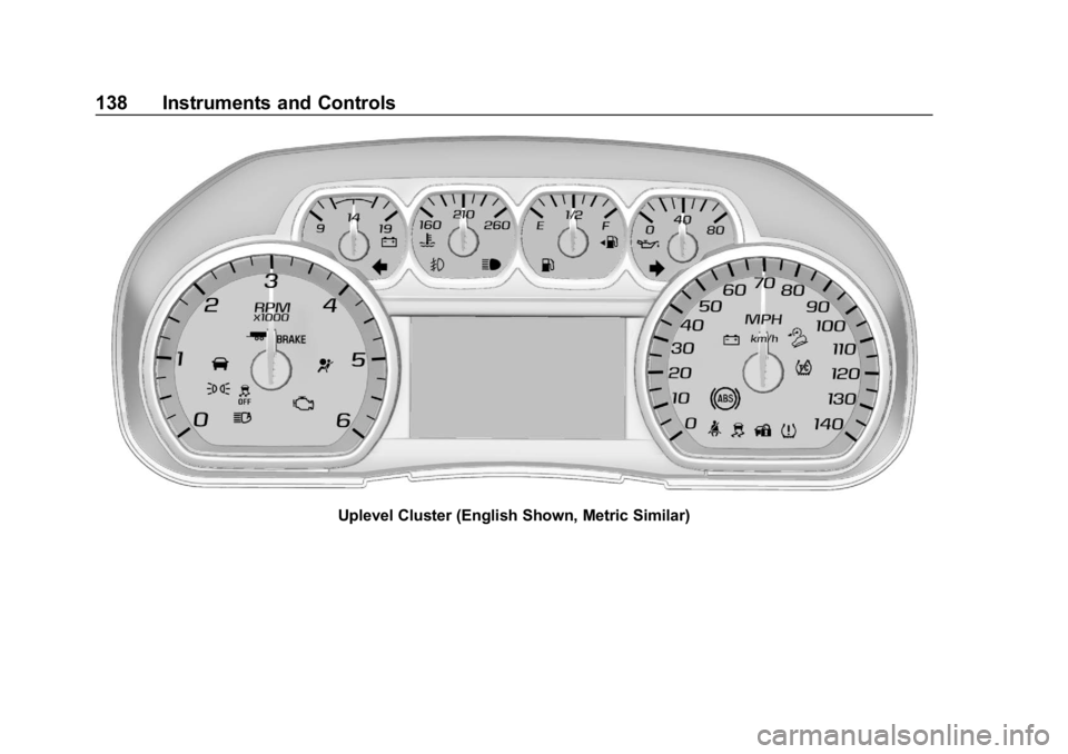 CHEVROLET SILVERADO 2018 Owners Manual Chevrolet Silverado Owner Manual (GMNA-Localizing-U.S./Canada/Mexico-
11349200) - 2018 - CRC - 2/27/18
138 Instruments and Controls
Uplevel Cluster (English Shown, Metric Similar) CHEVROLET SILVERADO 2018 Owners Manual Chevrolet Silverado Owner Manual (GMNA-Localizing-U.S./Canada/Mexico-
11349200) - 2018 - CRC - 2/27/18
138 Instruments and Controls
Uplevel Cluster (English Shown, Metric Similar)
