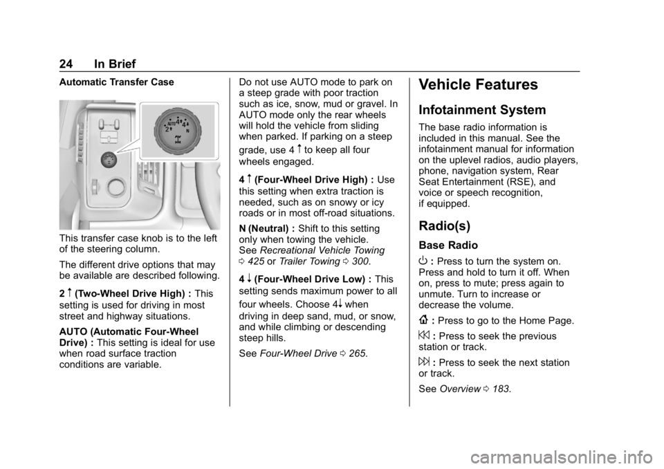 CHEVROLET SILVERADO 2018 Owners Guide Chevrolet Silverado Owner Manual (GMNA-Localizing-U.S./Canada/Mexico-
11349200) - 2018 - CRC - 2/27/18
24 In Brief
Automatic Transfer Case
This transfer case knob is to the left
of the steering column CHEVROLET SILVERADO 2018 Owners Guide Chevrolet Silverado Owner Manual (GMNA-Localizing-U.S./Canada/Mexico-
11349200) - 2018 - CRC - 2/27/18
24 In Brief
Automatic Transfer Case
This transfer case knob is to the left
of the steering column
