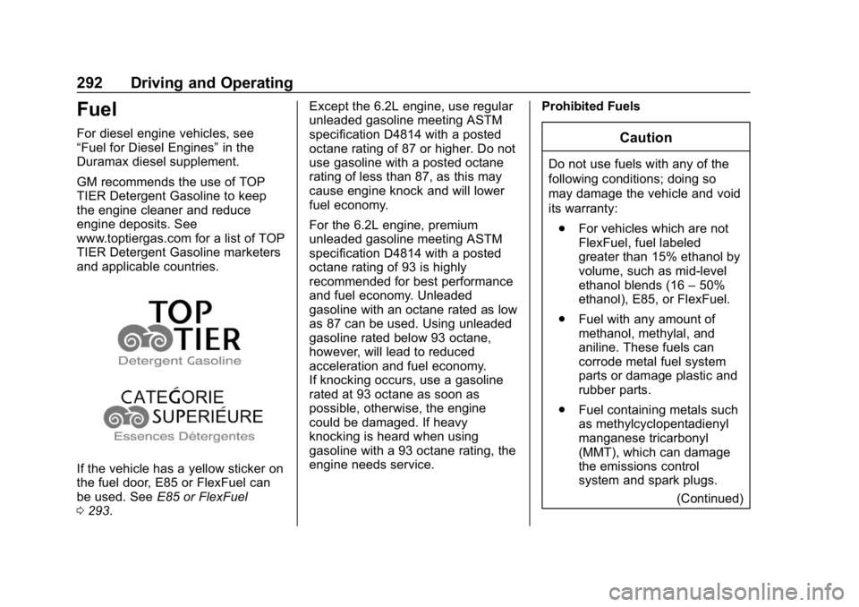 CHEVROLET SILVERADO 2018 Owners Manual Chevrolet Silverado Owner Manual (GMNA-Localizing-U.S./Canada/Mexico-
11349200) - 2018 - CRC - 2/27/18
292 Driving and Operating
Fuel
For diesel engine vehicles, see
“Fuel for Diesel Engines”in th CHEVROLET SILVERADO 2018 Owners Manual Chevrolet Silverado Owner Manual (GMNA-Localizing-U.S./Canada/Mexico-
11349200) - 2018 - CRC - 2/27/18
292 Driving and Operating
Fuel
For diesel engine vehicles, see
“Fuel for Diesel Engines”in th