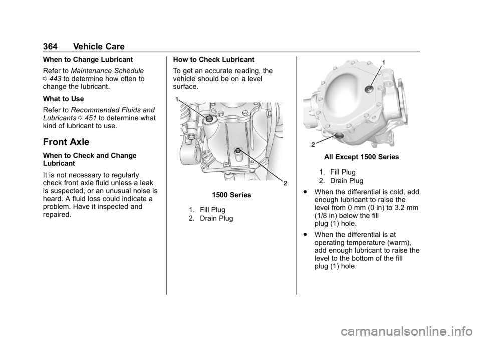 CHEVROLET SILVERADO 2018 Owners Manual Chevrolet Silverado Owner Manual (GMNA-Localizing-U.S./Canada/Mexico-
11349200) - 2018 - CRC - 2/27/18
364 Vehicle Care
When to Change Lubricant
Refer toMaintenance Schedule
0 443 to determine how oft CHEVROLET SILVERADO 2018 Owners Manual Chevrolet Silverado Owner Manual (GMNA-Localizing-U.S./Canada/Mexico-
11349200) - 2018 - CRC - 2/27/18
364 Vehicle Care
When to Change Lubricant
Refer toMaintenance Schedule
0 443 to determine how oft