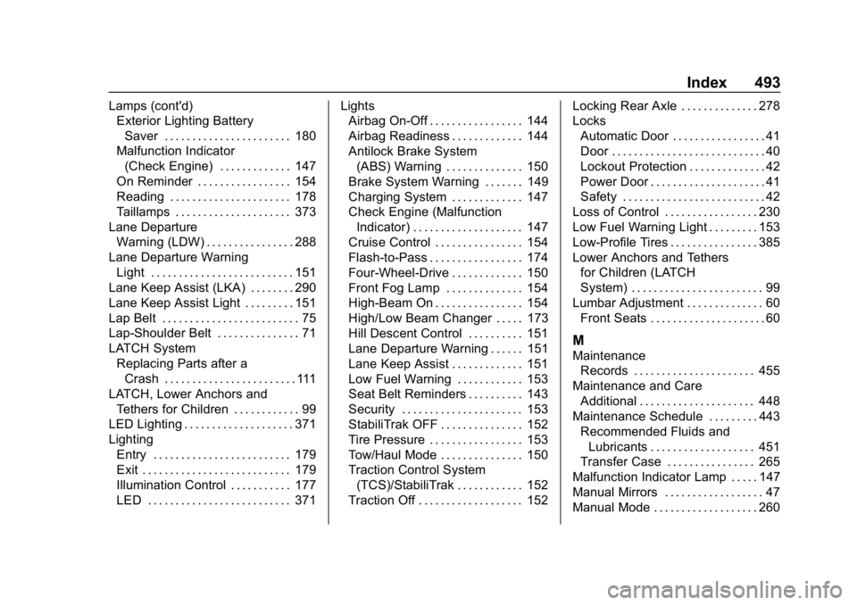 CHEVROLET SILVERADO 2018 Owners Manual Chevrolet Silverado Owner Manual (GMNA-Localizing-U.S./Canada/Mexico-
11349200) - 2018 - CRC - 2/27/18
Index 493
Lamps (cont'd)Exterior Lighting Battery
Saver . . . . . . . . . . . . . . . . . . . CHEVROLET SILVERADO 2018 Owners Manual Chevrolet Silverado Owner Manual (GMNA-Localizing-U.S./Canada/Mexico-
11349200) - 2018 - CRC - 2/27/18
Index 493
Lamps (cont'd)Exterior Lighting Battery
Saver . . . . . . . . . . . . . . . . . . .