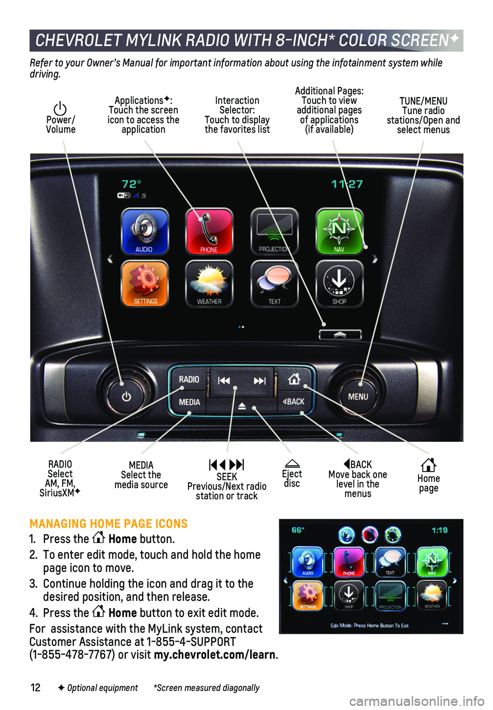 CHEVROLET SILVERADO 2018  Get To Know Guide 12
CHEVROLET MYLINK RADIO WITH 8-INCH* COLOR SCREENF
BACK  Move back one level in the menus
 Home page
 Eject disc
Interaction Selector:  Touch to display the favorites list
TUNE/MENU  Tune radio stat