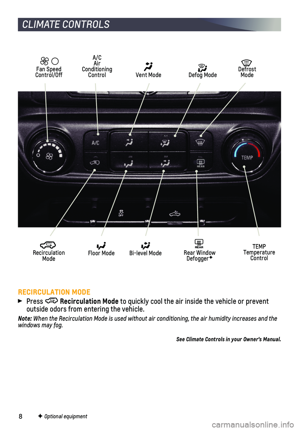 CHEVROLET SILVERADO 2018  Get To Know Guide 8
CLIMATE CONTROLS
RECIRCULATION MODE
 Press Recirculation Mode to quickly cool the air inside the vehicle or prevent  
outside odors from entering the vehicle.
Note: When the Recirculation Mode is us