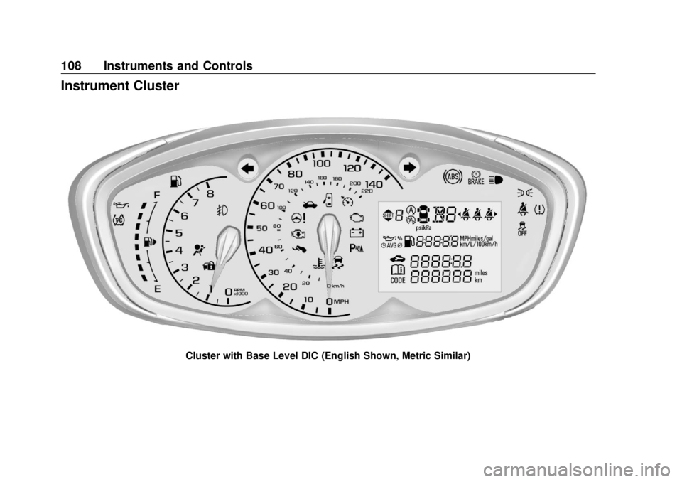 CHEVROLET SONIC 2018  Owners Manual Chevrolet Sonic Owner Manual (GMNA-Localizing-U.S./Canada-11373973) -
2018 - crc - 10/9/17
108 Instruments and Controls
Instrument Cluster
Cluster with Base Level DIC (English Shown, Metric Similar) 