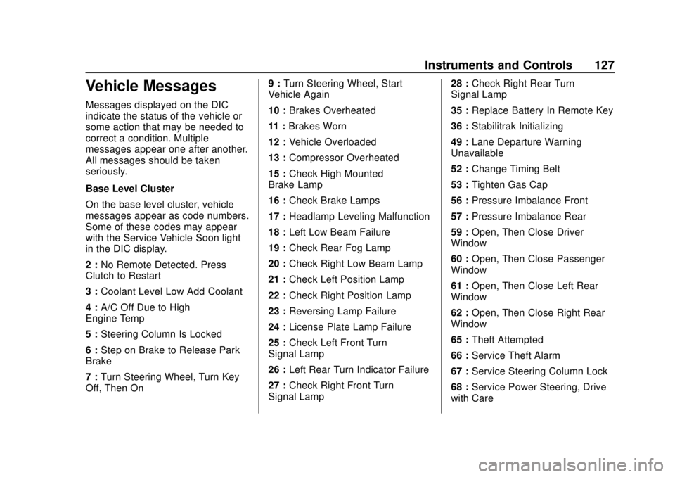 CHEVROLET SONIC 2018 Owners Manual Chevrolet Sonic Owner Manual (GMNA-Localizing-U.S./Canada-11373973) -
2018 - crc - 10/9/17
Instruments and Controls 127
Vehicle Messages
Messages displayed on the DIC
indicate the status of the vehicl CHEVROLET SONIC 2018 Owners Manual Chevrolet Sonic Owner Manual (GMNA-Localizing-U.S./Canada-11373973) -
2018 - crc - 10/9/17
Instruments and Controls 127
Vehicle Messages
Messages displayed on the DIC
indicate the status of the vehicl