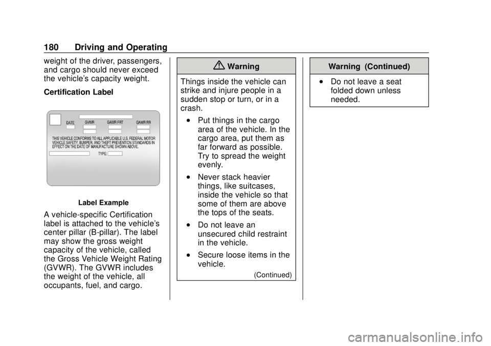 CHEVROLET SONIC 2018  Owners Manual Chevrolet Sonic Owner Manual (GMNA-Localizing-U.S./Canada-11373973) -
2018 - crc - 10/9/17
180 Driving and Operating
weight of the driver, passengers,
and cargo should never exceed
the vehicle's c