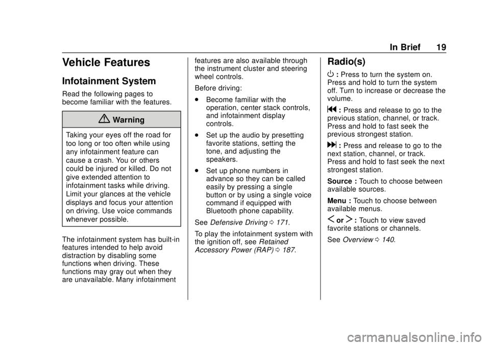 CHEVROLET SONIC 2018 User Guide Chevrolet Sonic Owner Manual (GMNA-Localizing-U.S./Canada-11373973) -
2018 - crc - 10/9/17
In Brief 19
Vehicle Features
Infotainment System
Read the following pages to
become familiar with the feature CHEVROLET SONIC 2018 User Guide Chevrolet Sonic Owner Manual (GMNA-Localizing-U.S./Canada-11373973) -
2018 - crc - 10/9/17
In Brief 19
Vehicle Features
Infotainment System
Read the following pages to
become familiar with the feature