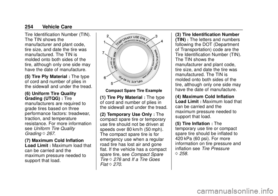 CHEVROLET SONIC 2018  Owners Manual Chevrolet Sonic Owner Manual (GMNA-Localizing-U.S./Canada-11373973) -
2018 - crc - 10/9/17
254 Vehicle Care
Tire Identification Number (TIN).
The TIN shows the
manufacturer and plant code,
tire size, 