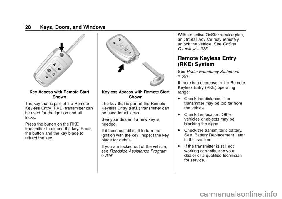 CHEVROLET SONIC 2018  Owners Manual Chevrolet Sonic Owner Manual (GMNA-Localizing-U.S./Canada-11373973) -
2018 - crc - 10/9/17
28 Keys, Doors, and Windows
Key Access with Remote StartShown
The key that is part of the Remote
Keyless Entr