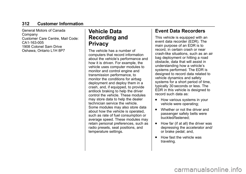 CHEVROLET SPARK 2018 Owners Manual Chevrolet Spark Owner Manual (GMNA-Localizing-U.S./Canada-11348464) -
2018 - crc - 9/19/17
312 Customer Information
General Motors of Canada
Company
Customer Care Centre, Mail Code:
CA1-163-005
1908 C CHEVROLET SPARK 2018 Owners Manual Chevrolet Spark Owner Manual (GMNA-Localizing-U.S./Canada-11348464) -
2018 - crc - 9/19/17
312 Customer Information
General Motors of Canada
Company
Customer Care Centre, Mail Code:
CA1-163-005
1908 C
