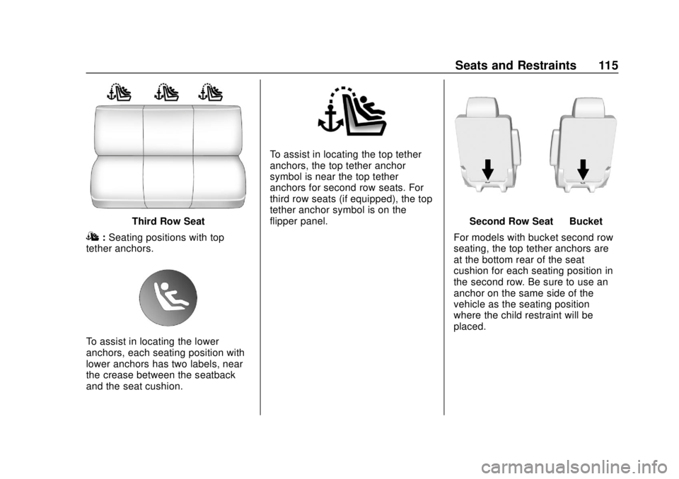 CHEVROLET TAHOE 2018 Owners Manual Chevrolet Tahoe/Suburban Owner Manual (GMNA-Localizing-U.S./Canada/
Mexico-11349385) - 2018 - crc - 11/3/17
Seats and Restraints 115
Third Row Seat
I:Seating positions with top
tether anchors.
To assi CHEVROLET TAHOE 2018 Owners Manual Chevrolet Tahoe/Suburban Owner Manual (GMNA-Localizing-U.S./Canada/
Mexico-11349385) - 2018 - crc - 11/3/17
Seats and Restraints 115
Third Row Seat
I:Seating positions with top
tether anchors.
To assi