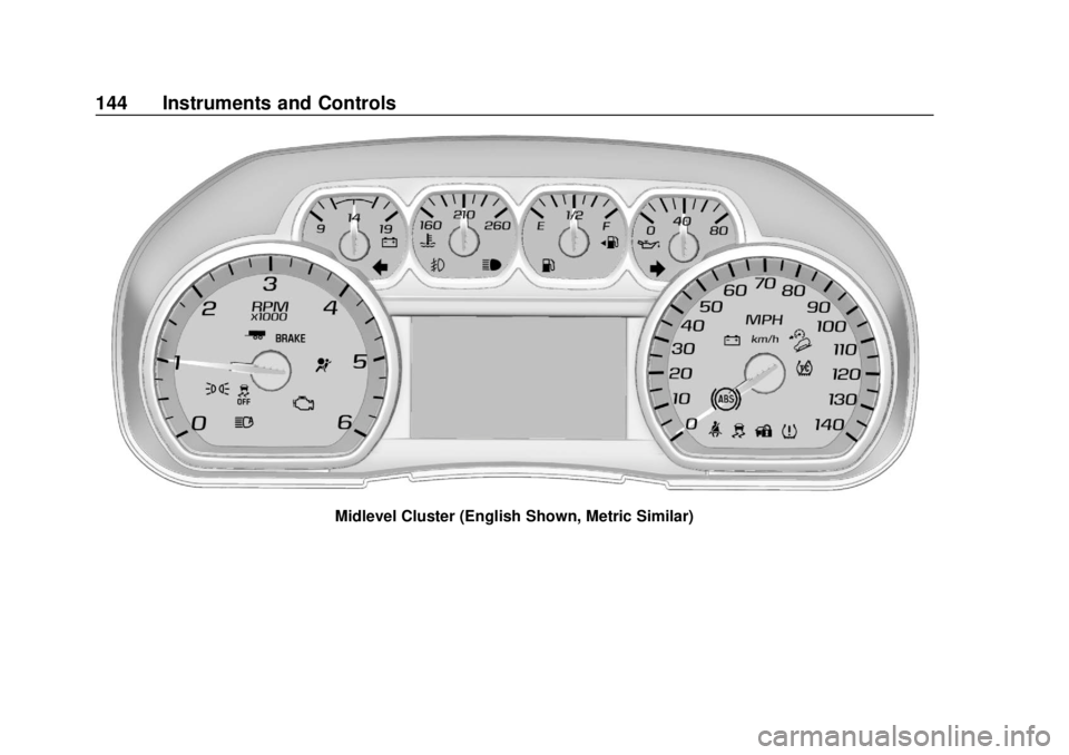 CHEVROLET TAHOE 2018  Owners Manual Chevrolet Tahoe/Suburban Owner Manual (GMNA-Localizing-U.S./Canada/
Mexico-11349385) - 2018 - crc - 11/3/17
144 Instruments and Controls
Midlevel Cluster (English Shown, Metric Similar) 