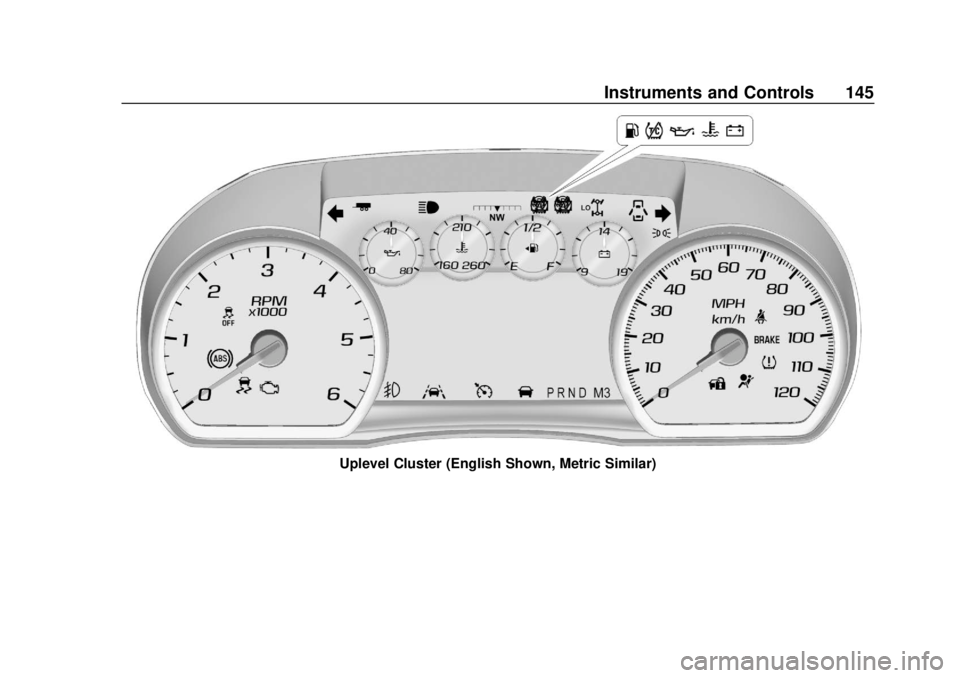 CHEVROLET TAHOE 2018  Owners Manual Chevrolet Tahoe/Suburban Owner Manual (GMNA-Localizing-U.S./Canada/
Mexico-11349385) - 2018 - crc - 11/3/17
Instruments and Controls 145
Uplevel Cluster (English Shown, Metric Similar) 