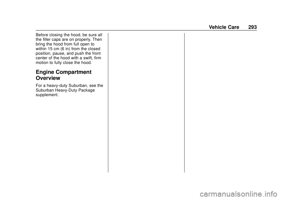 CHEVROLET SUBURBAN 2018 Owners Manual Chevrolet Tahoe/Suburban Owner Manual (GMNA-Localizing-U.S./Canada/
Mexico-11349385) - 2018 - crc - 11/3/17
Vehicle Care 293
Before closing the hood, be sure all
the filler caps are on properly. Then
CHEVROLET SUBURBAN 2018 Owners Manual Chevrolet Tahoe/Suburban Owner Manual (GMNA-Localizing-U.S./Canada/
Mexico-11349385) - 2018 - crc - 11/3/17
Vehicle Care 293
Before closing the hood, be sure all
the filler caps are on properly. Then