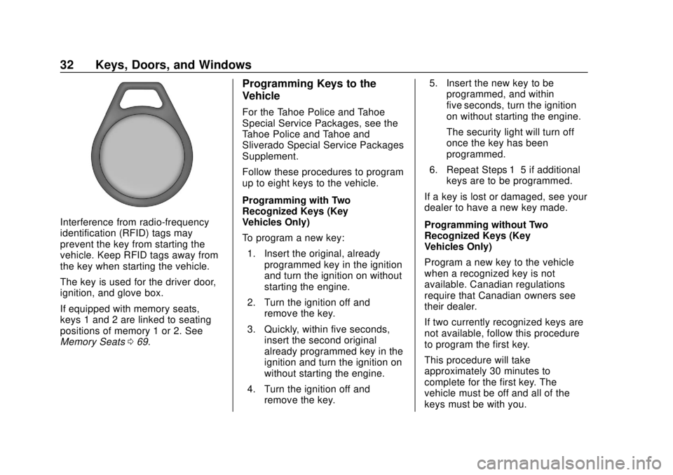 CHEVROLET SUBURBAN 2018 Owners Guide Chevrolet Tahoe/Suburban Owner Manual (GMNA-Localizing-U.S./Canada/
Mexico-11349385) - 2018 - crc - 11/3/17
32 Keys, Doors, and Windows
Interference from radio-frequency
identification (RFID) tags may CHEVROLET SUBURBAN 2018 Owners Guide Chevrolet Tahoe/Suburban Owner Manual (GMNA-Localizing-U.S./Canada/
Mexico-11349385) - 2018 - crc - 11/3/17
32 Keys, Doors, and Windows
Interference from radio-frequency
identification (RFID) tags may