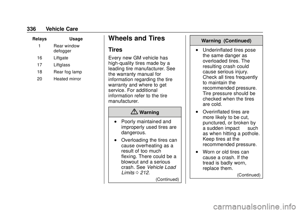 CHEVROLET TAHOE 2018  Owners Manual Chevrolet Tahoe/Suburban Owner Manual (GMNA-Localizing-U.S./Canada/
Mexico-11349385) - 2018 - crc - 11/3/17
336 Vehicle Care
RelaysUsage
1 Rear window defogger
16 Liftgate
17 Liftglass
18 Rear fog lam