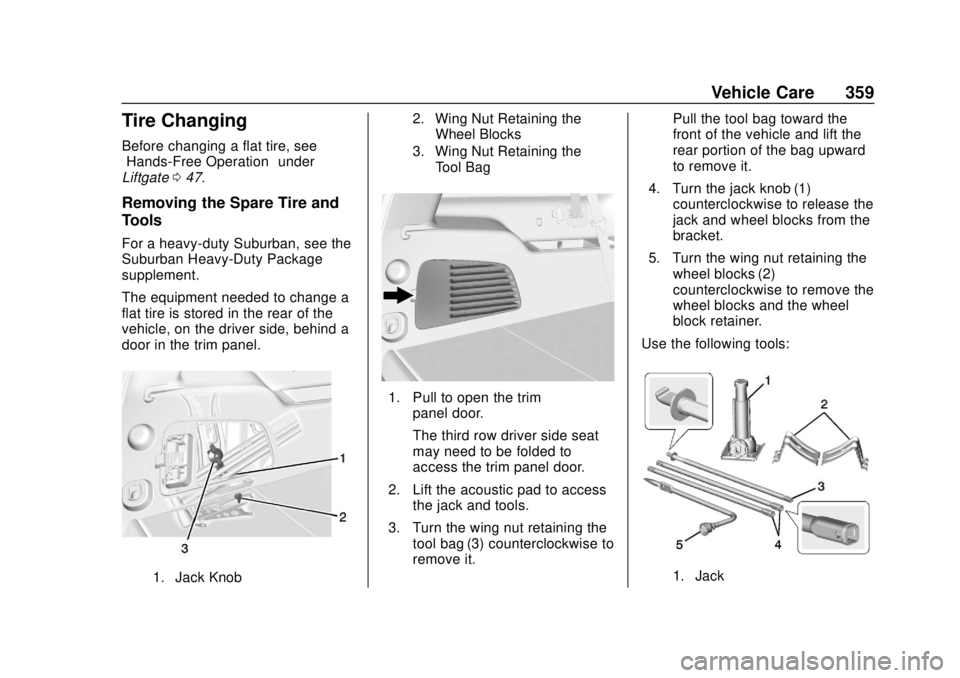 CHEVROLET SUBURBAN 2018 Owners Manual Chevrolet Tahoe/Suburban Owner Manual (GMNA-Localizing-U.S./Canada/
Mexico-11349385) - 2018 - crc - 11/3/17
Vehicle Care 359
Tire Changing
Before changing a flat tire, see
“Hands-Free Operation”un CHEVROLET SUBURBAN 2018 Owners Manual Chevrolet Tahoe/Suburban Owner Manual (GMNA-Localizing-U.S./Canada/
Mexico-11349385) - 2018 - crc - 11/3/17
Vehicle Care 359
Tire Changing
Before changing a flat tire, see
“Hands-Free Operation”un