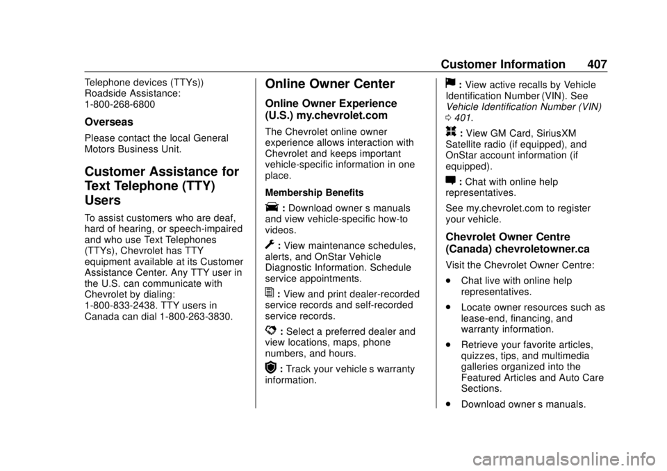 CHEVROLET SUBURBAN 2018 Owners Manual Chevrolet Tahoe/Suburban Owner Manual (GMNA-Localizing-U.S./Canada/
Mexico-11349385) - 2018 - crc - 11/3/17
Customer Information 407
Telephone devices (TTYs))
Roadside Assistance:
1-800-268-6800
Overs CHEVROLET SUBURBAN 2018 Owners Manual Chevrolet Tahoe/Suburban Owner Manual (GMNA-Localizing-U.S./Canada/
Mexico-11349385) - 2018 - crc - 11/3/17
Customer Information 407
Telephone devices (TTYs))
Roadside Assistance:
1-800-268-6800
Overs