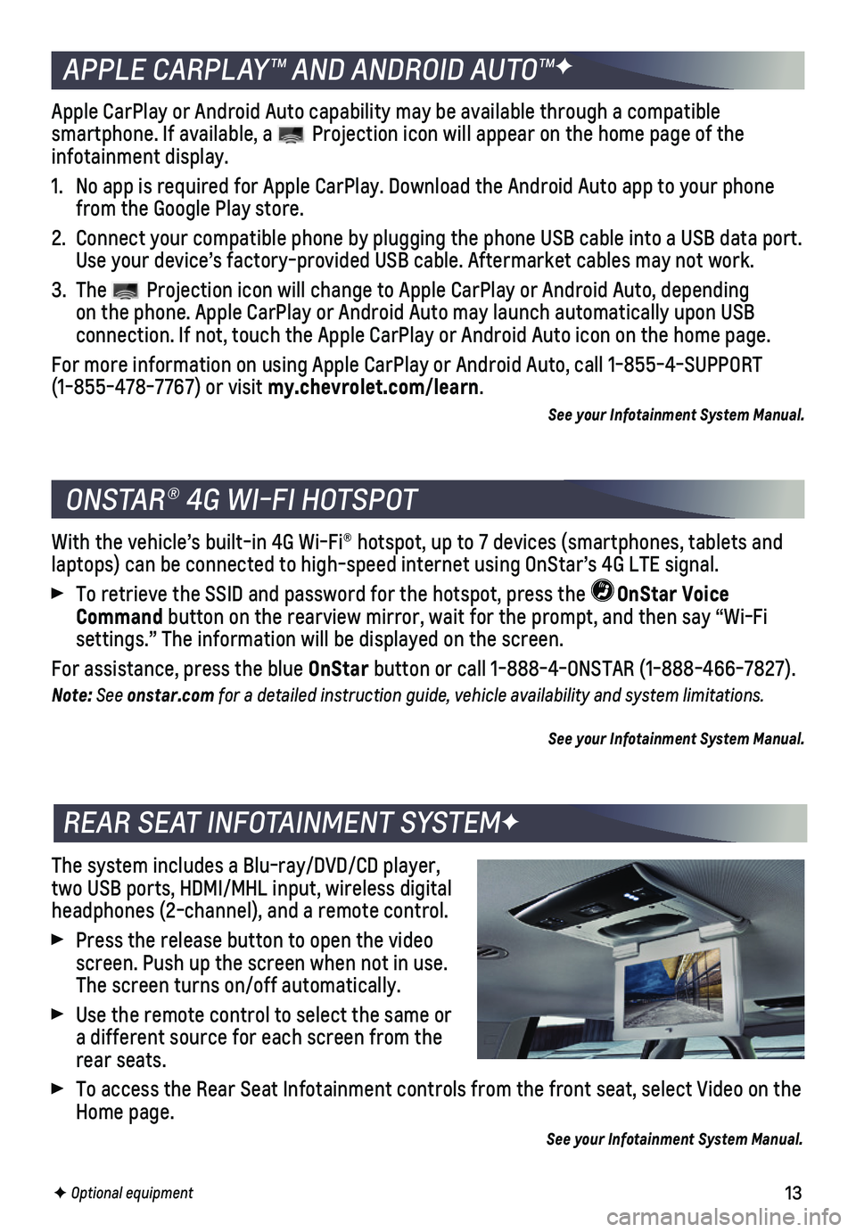 CHEVROLET SUBURBAN 2018  Get To Know Guide 13
The system includes a Blu-ray/DVD/CD player, two USB ports, HDMI/MHL input, wireless digital headphones (2-channel), and a remote control.
 Press the release button to open the video screen. Push u