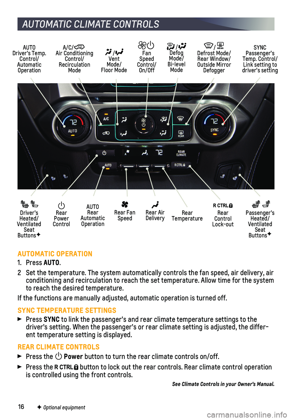 CHEVROLET SUBURBAN 2018  Get To Know Guide 16
AUTOMATIC OPERATION
1. Press AUTO.
2 Set the temperature. The system automatically controls the fan speed, ai\
r delivery, air conditioning and recirculation to reach the set temperature. Allow tim