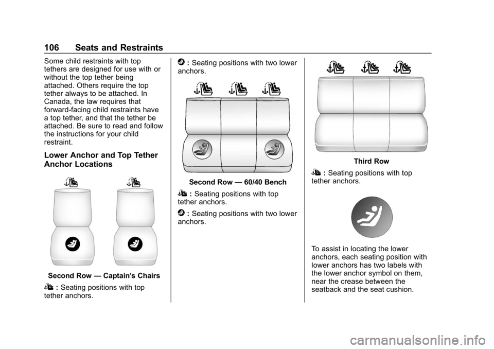CHEVROLET TRAVERSE 2018 Owners Manual Chevrolet Traverse Owner Manual (GMNA-Localizing-U.S./Canada/Mexico-
10603118) - 2018 - CRC - 1/29/18
106 Seats and Restraints
Some child restraints with top
tethers are designed for use with or
witho CHEVROLET TRAVERSE 2018 Owners Manual Chevrolet Traverse Owner Manual (GMNA-Localizing-U.S./Canada/Mexico-
10603118) - 2018 - CRC - 1/29/18
106 Seats and Restraints
Some child restraints with top
tethers are designed for use with or
witho