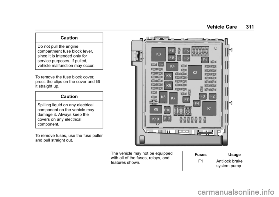 CHEVROLET TRAVERSE 2018 Owners Manual Chevrolet Traverse Owner Manual (GMNA-Localizing-U.S./Canada/Mexico-
10603118) - 2018 - CRC - 1/29/18
Vehicle Care 311
Caution
Do not pull the engine
compartment fuse block lever,
since it is intended CHEVROLET TRAVERSE 2018 Owners Manual Chevrolet Traverse Owner Manual (GMNA-Localizing-U.S./Canada/Mexico-
10603118) - 2018 - CRC - 1/29/18
Vehicle Care 311
Caution
Do not pull the engine
compartment fuse block lever,
since it is intended