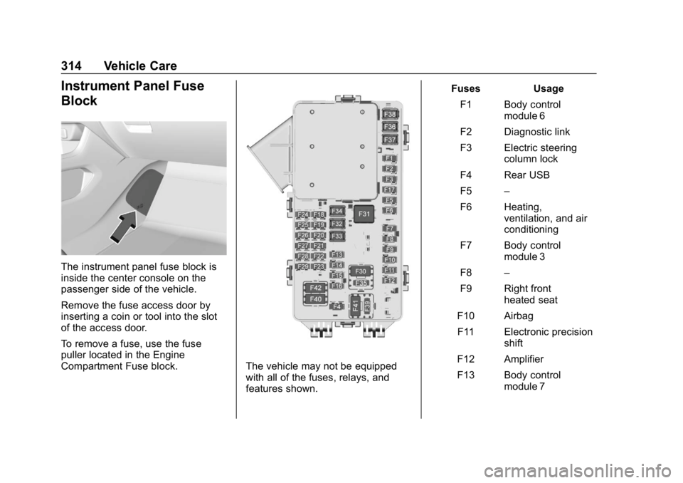 CHEVROLET TRAVERSE 2018 Owners Manual Chevrolet Traverse Owner Manual (GMNA-Localizing-U.S./Canada/Mexico-
10603118) - 2018 - CRC - 1/29/18
314 Vehicle Care
Instrument Panel Fuse
Block
The instrument panel fuse block is
inside the center CHEVROLET TRAVERSE 2018 Owners Manual Chevrolet Traverse Owner Manual (GMNA-Localizing-U.S./Canada/Mexico-
10603118) - 2018 - CRC - 1/29/18
314 Vehicle Care
Instrument Panel Fuse
Block
The instrument panel fuse block is
inside the center