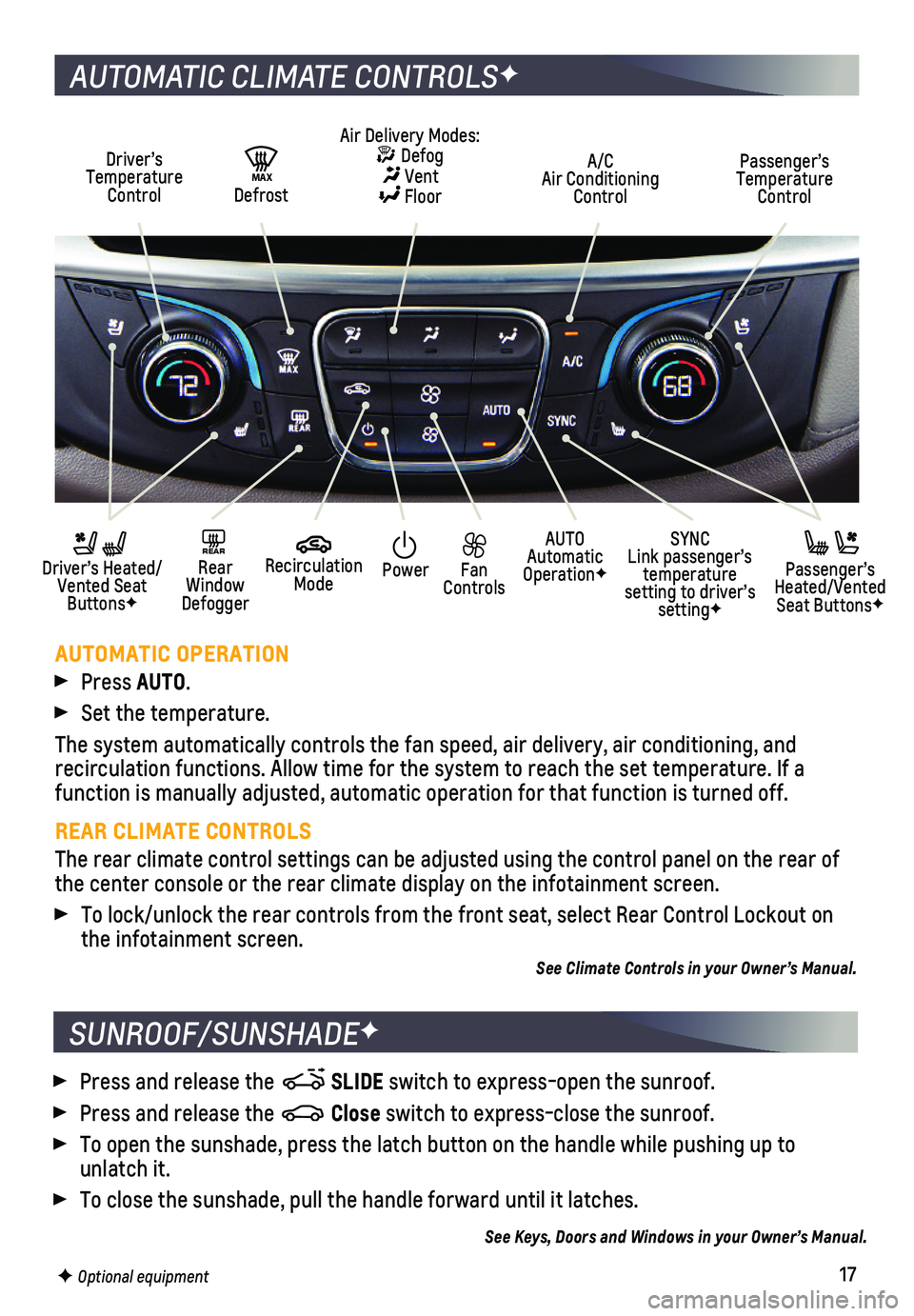 CHEVROLET TRAVERSE 2018  Get To Know Guide 17
SUNROOF/SUNSHADEF
AUTOMATIC CLIMATE CONTROLSF
Driver’s Temperature Control
AUTO  Automatic OperationF
A/C Air Conditioning Control
Passenger’s Temperature Control 
REAR  Rear Window Defogger
 D