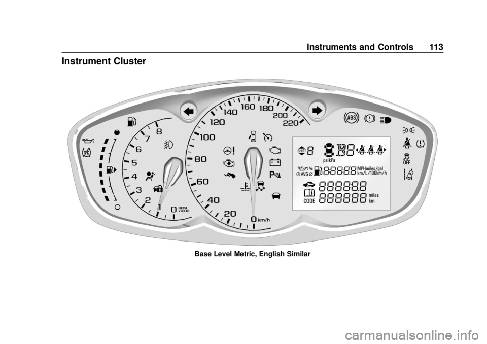 CHEVROLET TRAX 2018 Owners Manual Chevrolet TRAX Owner Manual (GMNA-Localizing-U.S./Canada/Mexico-
11354406) - 2018 - crc - 10/12/17
Instruments and Controls 113
Instrument Cluster
Base Level Metric, English Similar CHEVROLET TRAX 2018 Owners Manual Chevrolet TRAX Owner Manual (GMNA-Localizing-U.S./Canada/Mexico-
11354406) - 2018 - crc - 10/12/17
Instruments and Controls 113
Instrument Cluster
Base Level Metric, English Similar