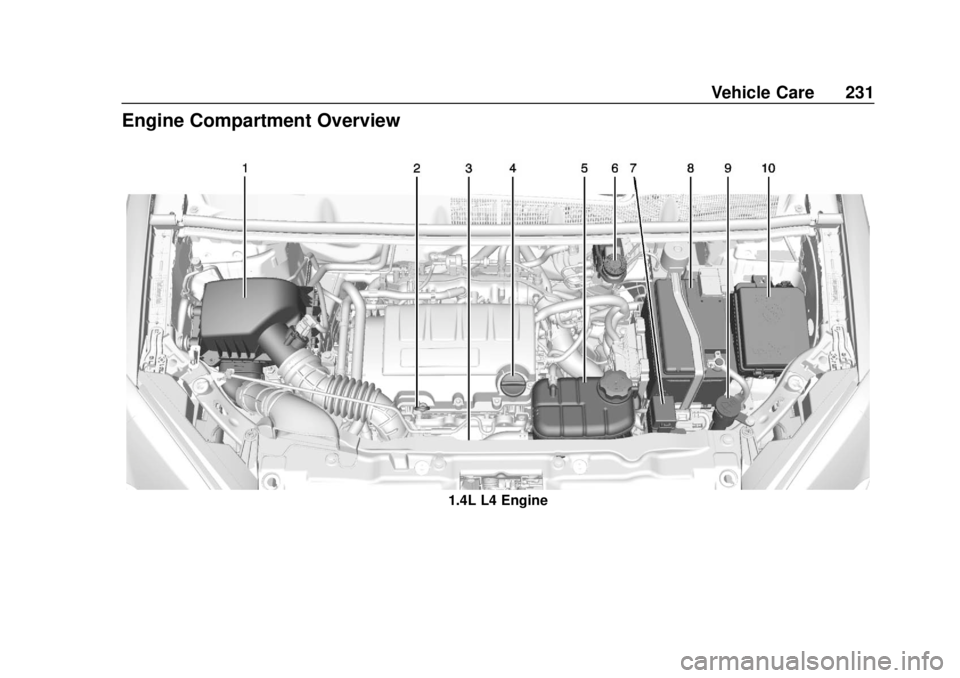 CHEVROLET TRAX 2018 Owners Manual Chevrolet TRAX Owner Manual (GMNA-Localizing-U.S./Canada/Mexico-
11354406) - 2018 - crc - 10/12/17
Vehicle Care 231
Engine Compartment Overview
1.4L L4 Engine CHEVROLET TRAX 2018 Owners Manual Chevrolet TRAX Owner Manual (GMNA-Localizing-U.S./Canada/Mexico-
11354406) - 2018 - crc - 10/12/17
Vehicle Care 231
Engine Compartment Overview
1.4L L4 Engine